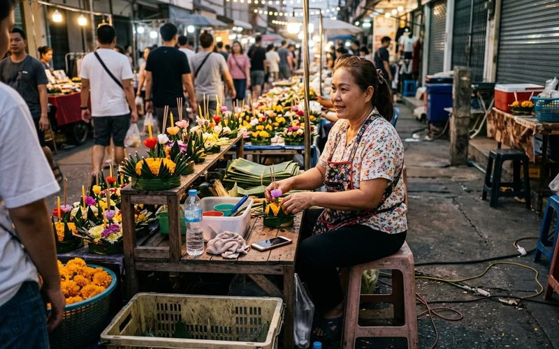 A vendor selling handmade krathong floats from a pavement stall
