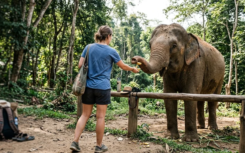 A visitor feeding an elephant from a distance in a natural setting