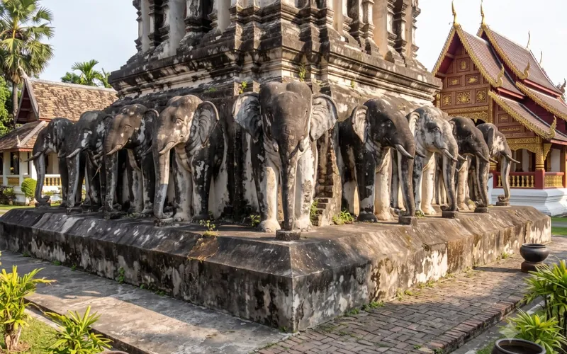 Elephant sculptures supporting Chedi Chang Lom at Wat Chiang Man