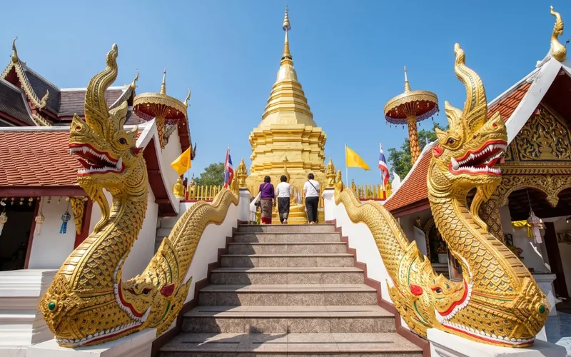 Stone staircase flanked by golden naga sculptures leading up to a multi-tiered golden chedi.