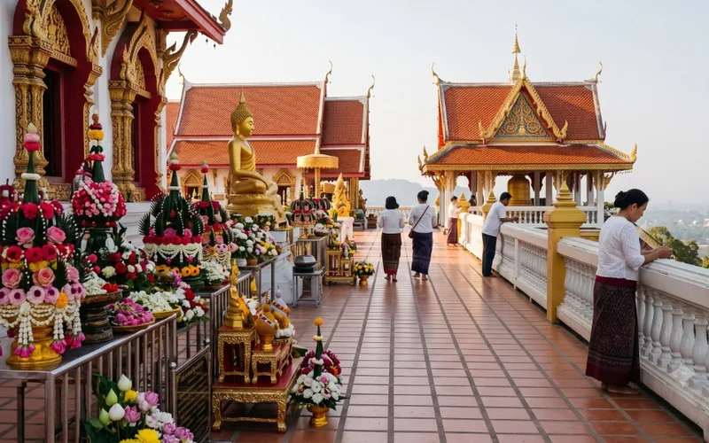 Temple terrace with floral offerings, golden statues and visitors along a railing overlooking the valley.