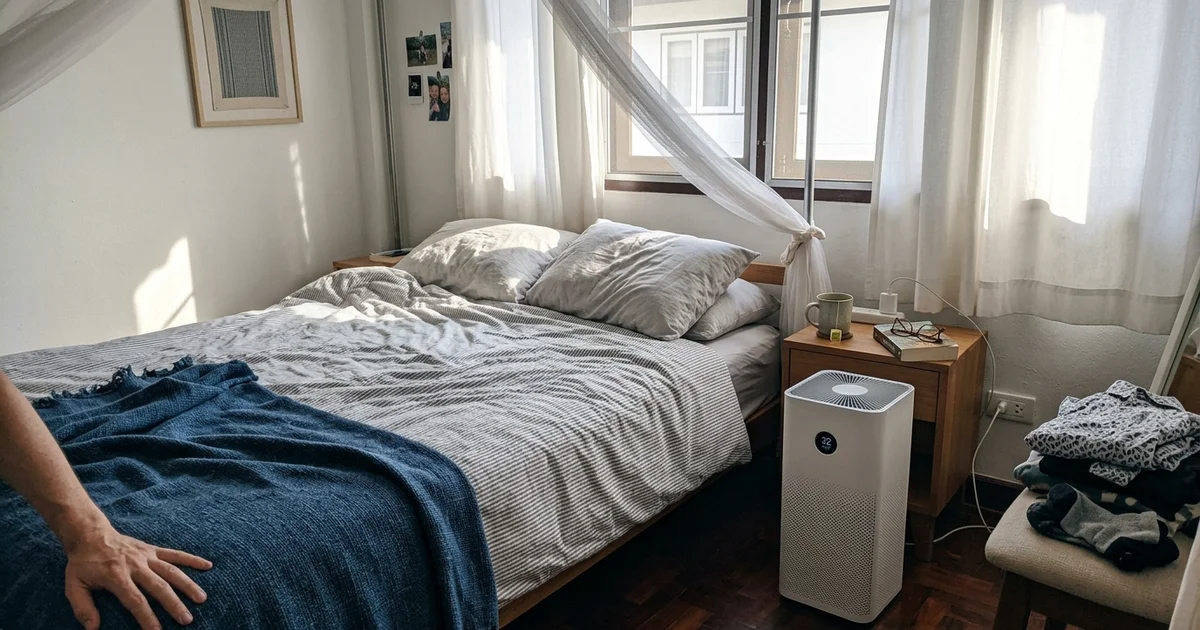 An air purifier running beside a bed in a Chiang Mai bedroom with closed windows