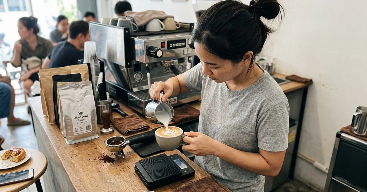 A barista pouring latte art at a minimalist Chiang Mai specialty café