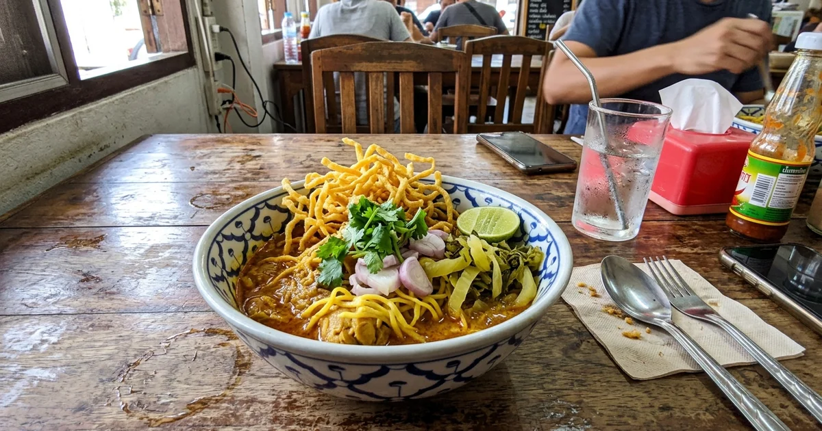 A bowl of khao soi with condiments on a wooden table, shot from above