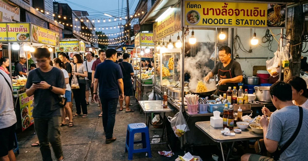 A bustling Chiang Mai street-food market at dusk with stalls and lights