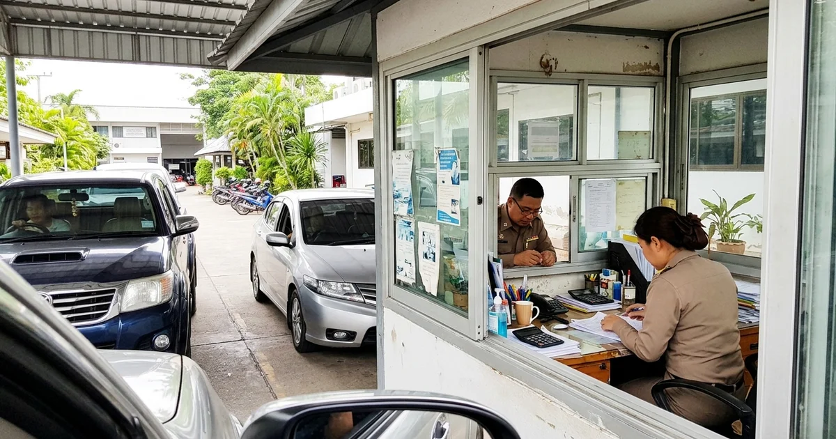 Cars queuing at the Chiang Mai immigration drive-thru reporting window