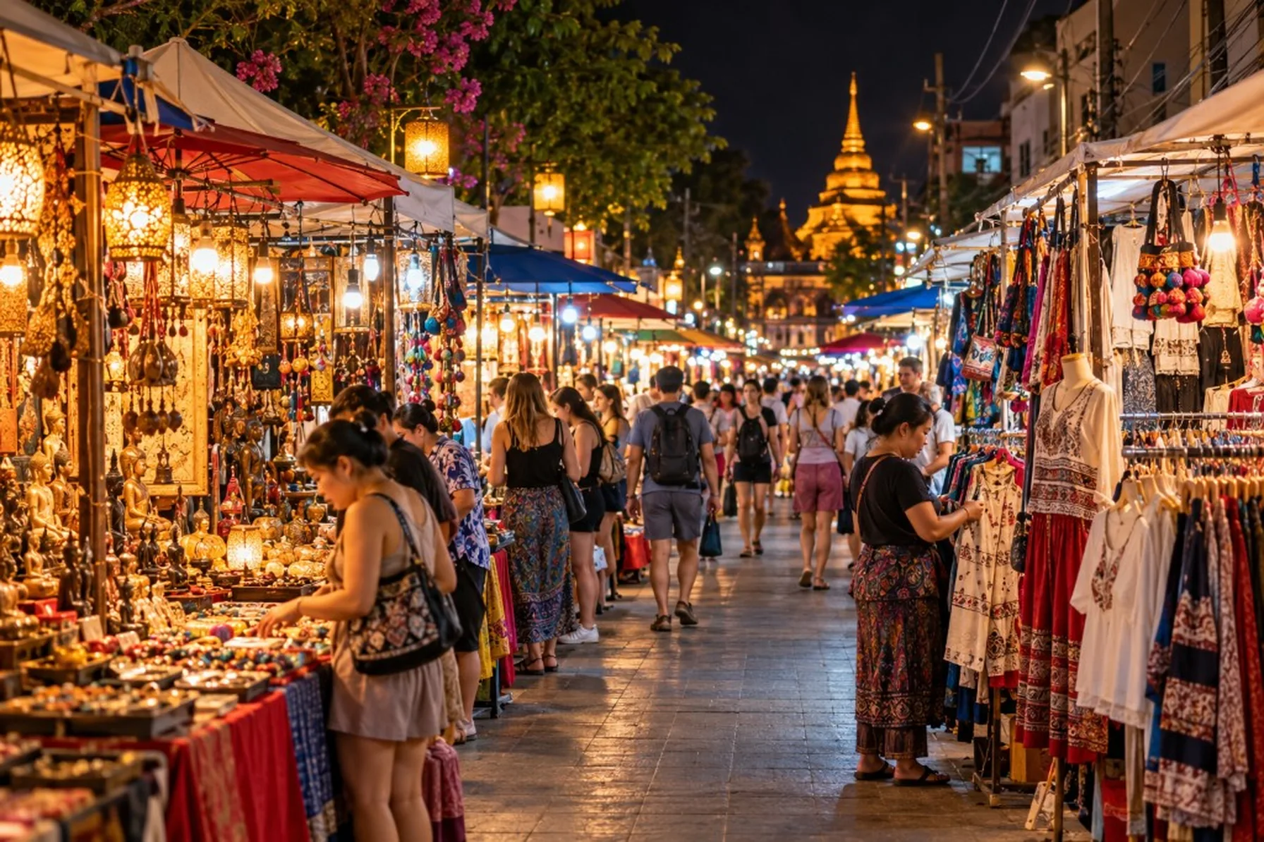 Evening market stalls and visitors at Chiang Mai Night Bazaar.