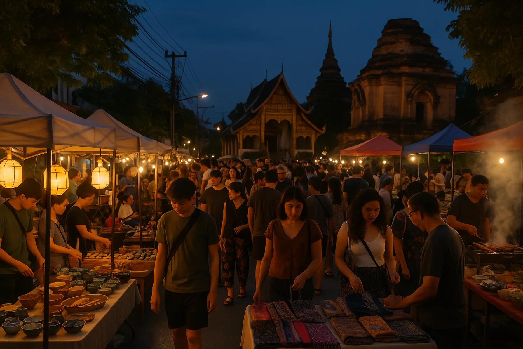 Evening market stalls and visitors at Chiang Mai Sunday Walking Street.