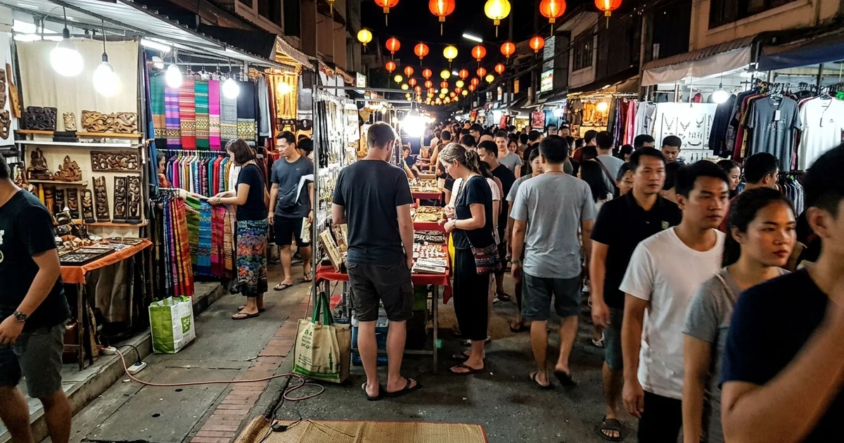 The crowded Sunday Walking Street at night with craft stalls and lanterns