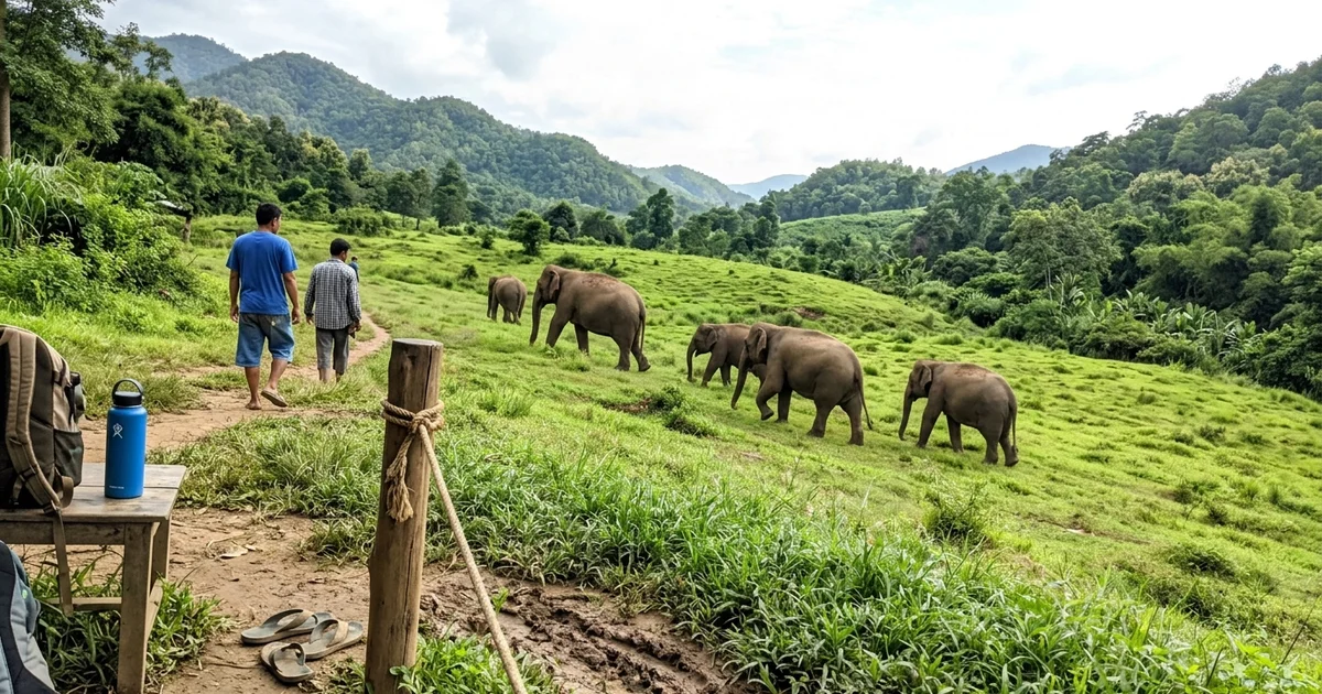 Elephants roaming freely in a green sanctuary valley near Chiang Mai