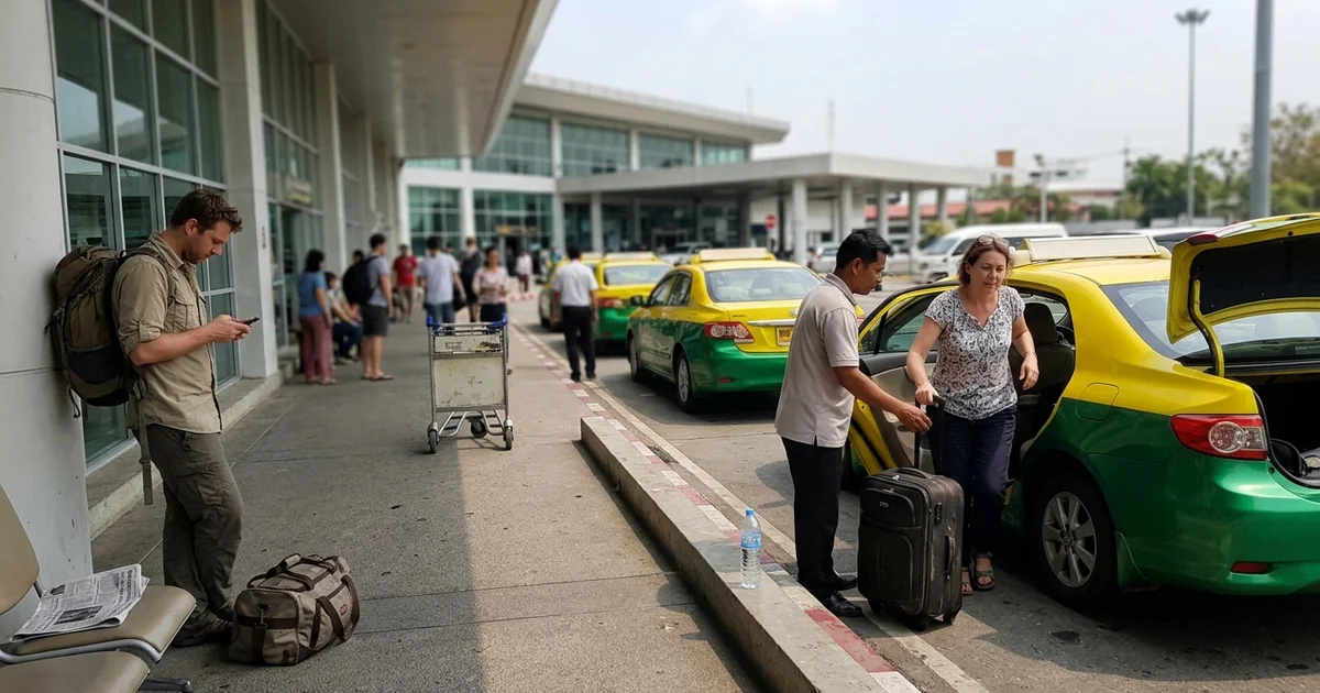 The exterior of Chiang Mai International Airport terminal with taxis