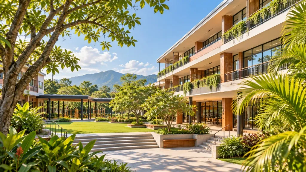 Modern international school campus in Chiang Mai with tropical landscaping