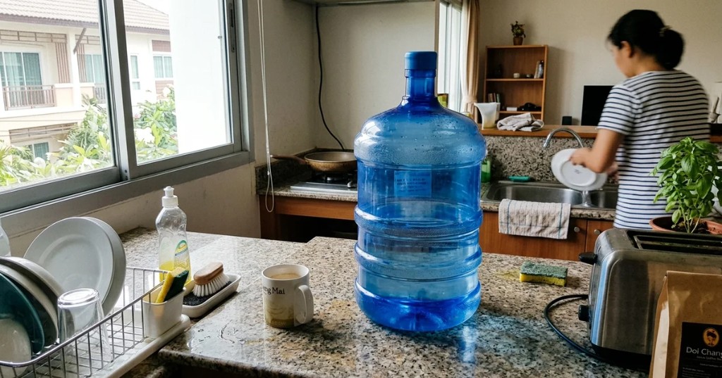 Large water bottle on a kitchen counter in a Chiang Mai condo