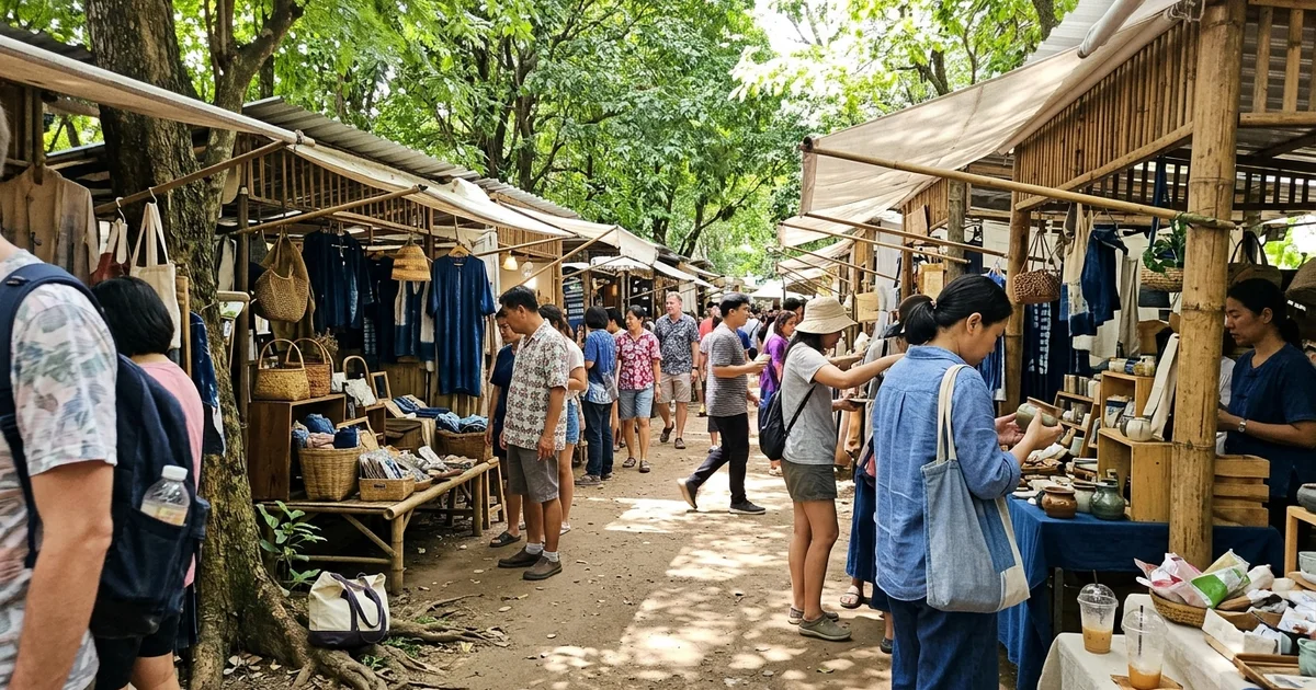 The leafy Jing Jai weekend market with craft stalls under trees