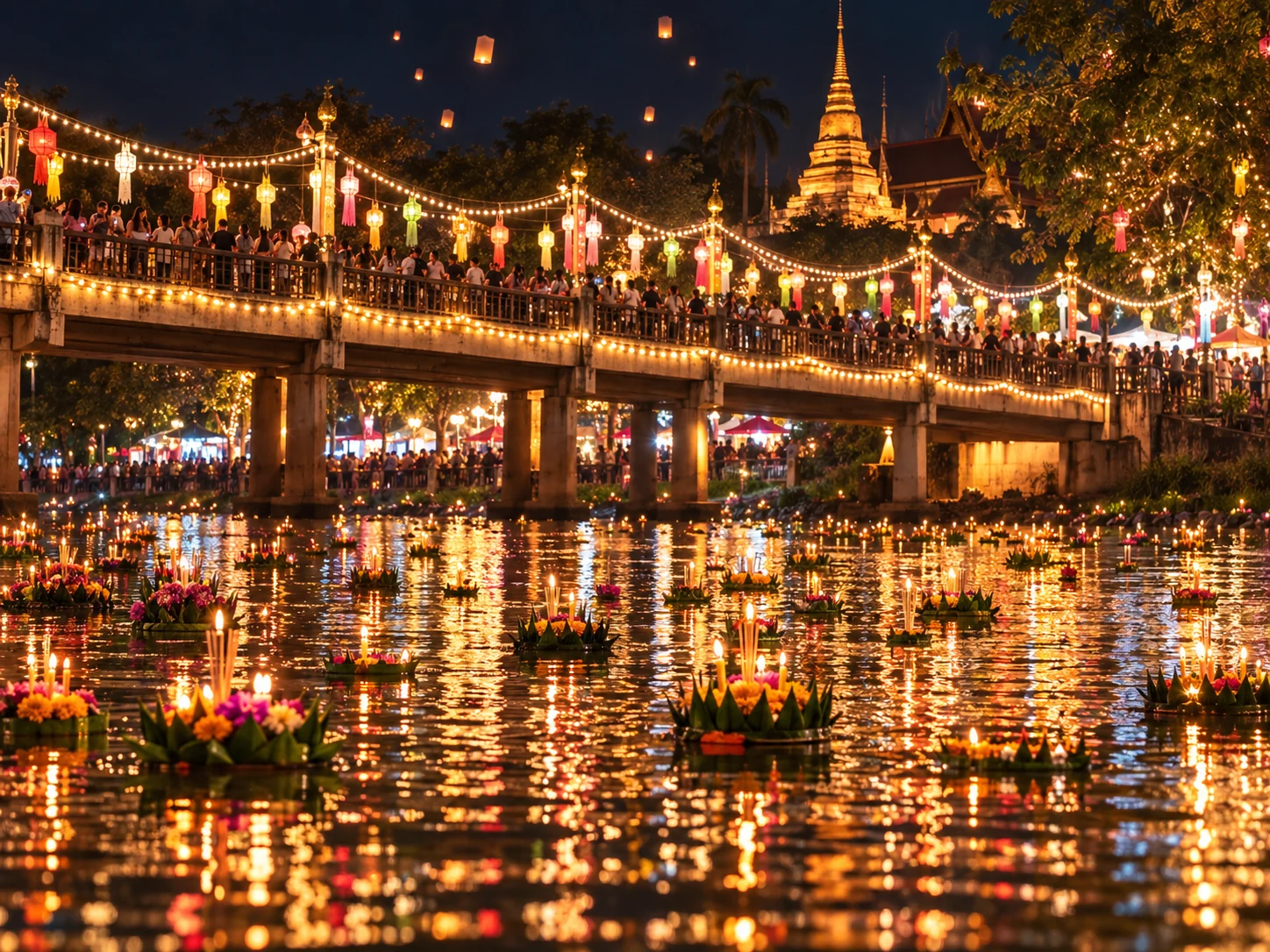 Floating krathongs on the Ping River during Loy Krathong in Chiang Mai