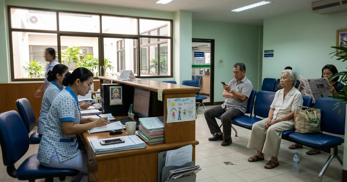 A modern hospital reception area in Chiang Mai with patients waiting