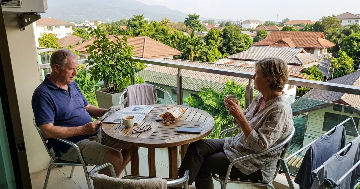 An older couple on a condo balcony overlooking greenery in Chiang Mai