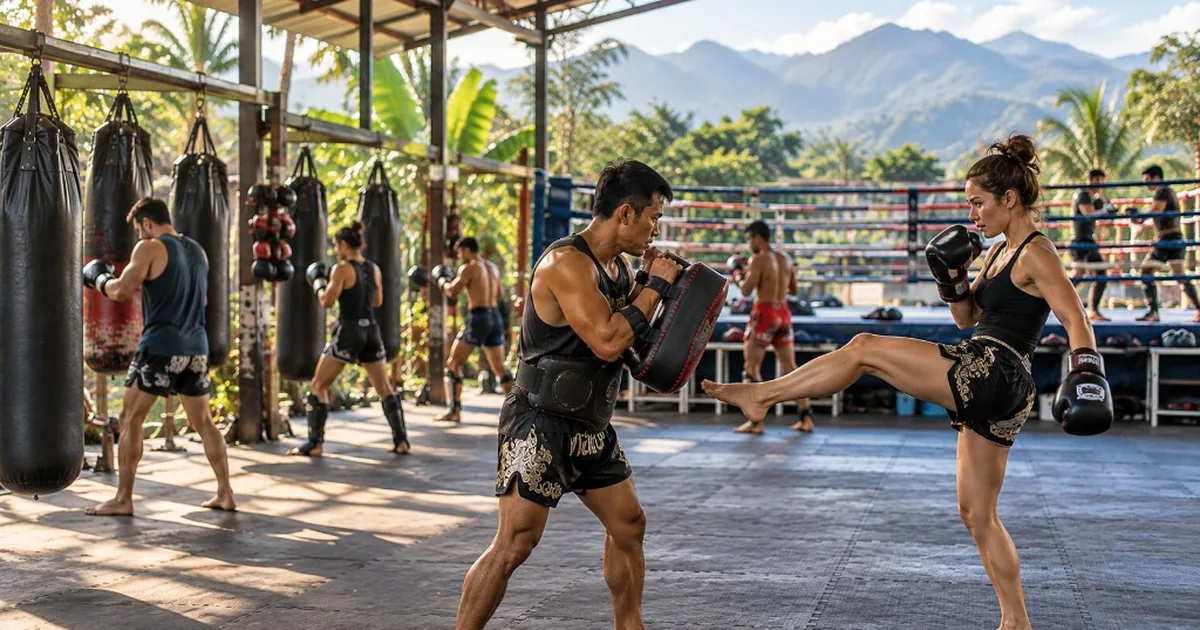 A woman practicing Muay Thai kicks with a trainer in an open-air Chiang Mai training camp, with other students, heavy bags and mountains in the background