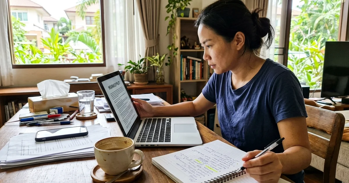 Reading an insurance policy document on a laptop at home in Chiang Mai
