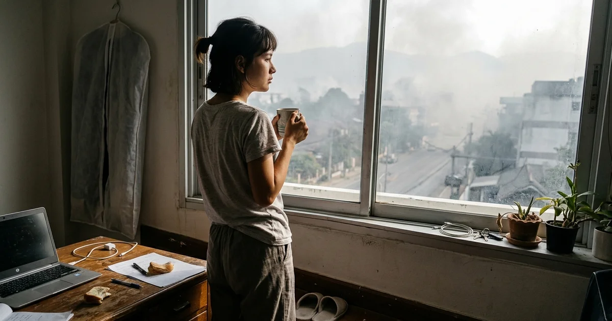 Someone looking out at a hazy Chiang Mai street during smoke season
