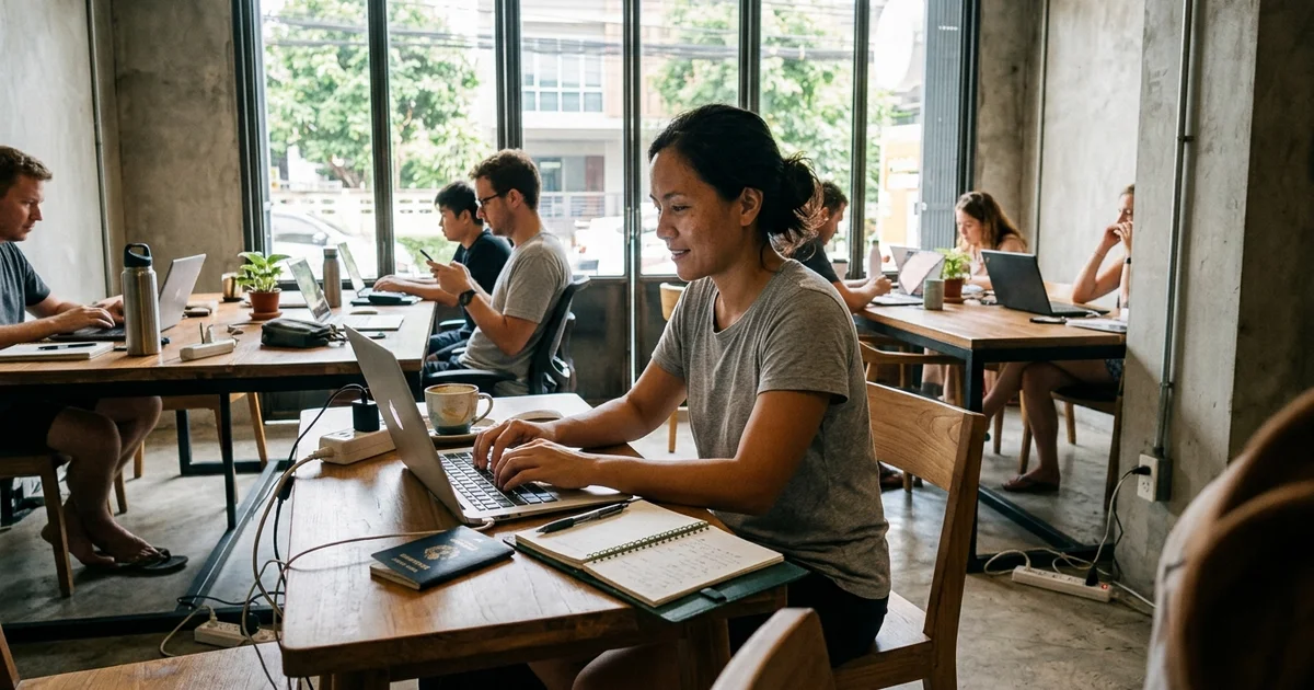 Someone working on a laptop in a Chiang Mai coworking space with a passport on the desk