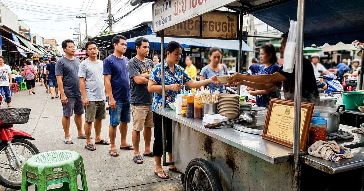 A popular Chiang Mai food stall with a queue and an award plaque
