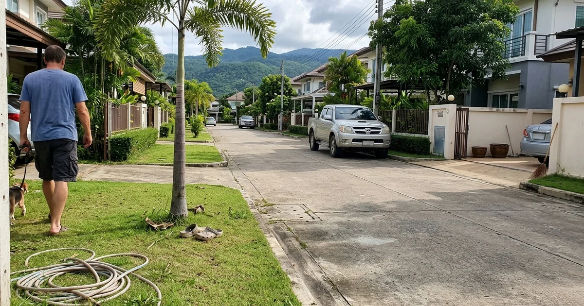 A quiet gated housing estate street in Hang Dong with mountains behind