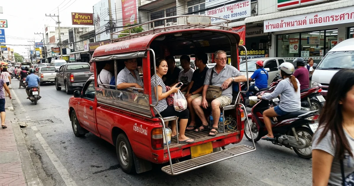 A red songthaew on a Chiang Mai street with passengers in the back