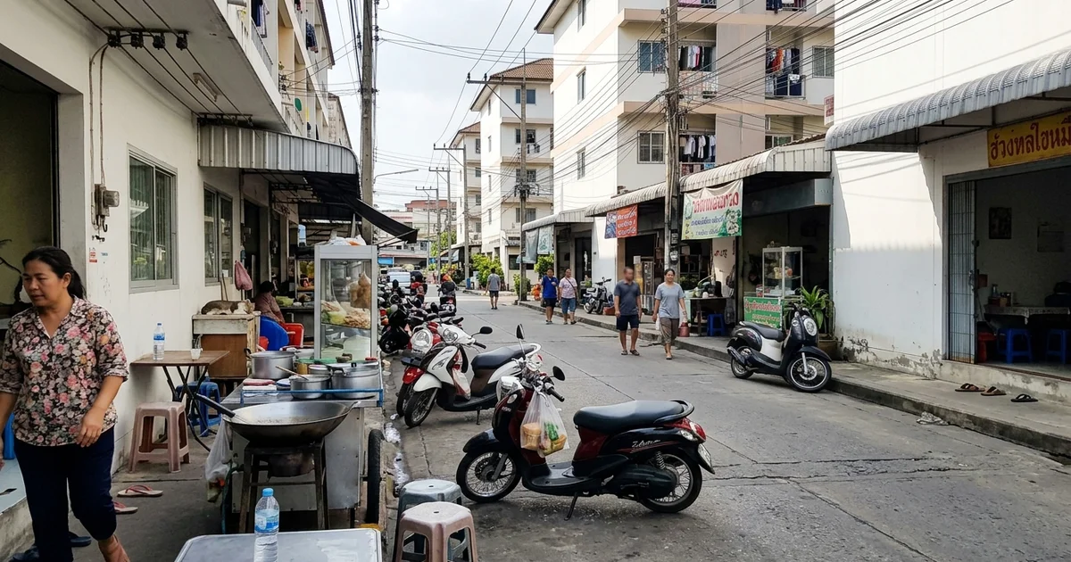A residential Chang Phueak street with apartments and food stalls