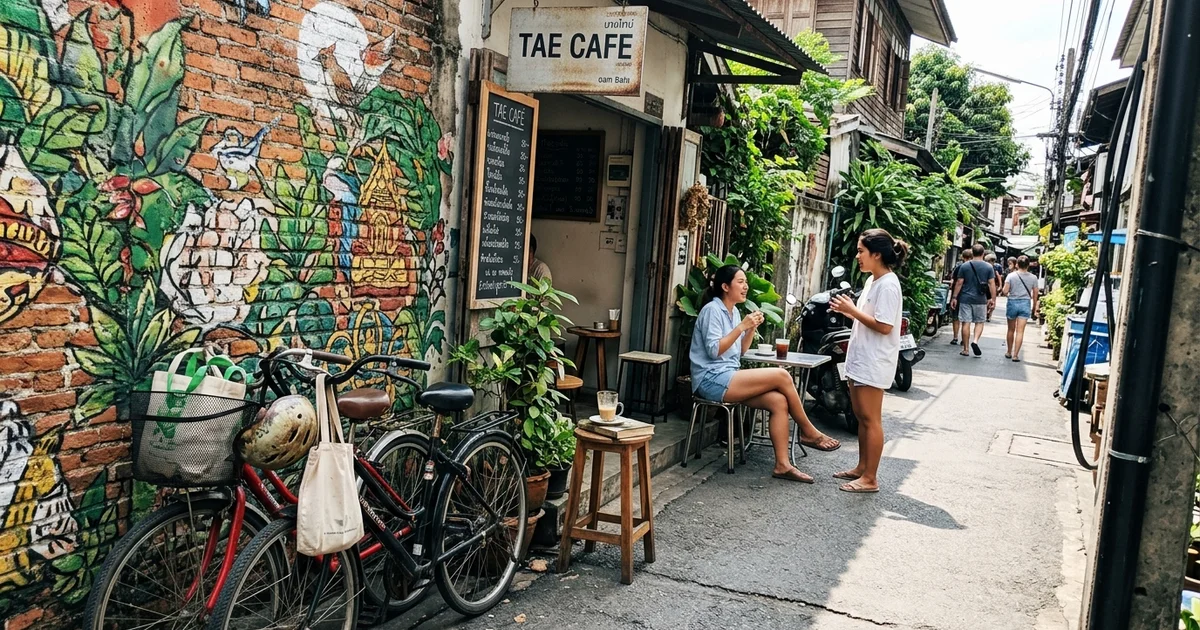 A Chang Moi lane with street art and an independent café