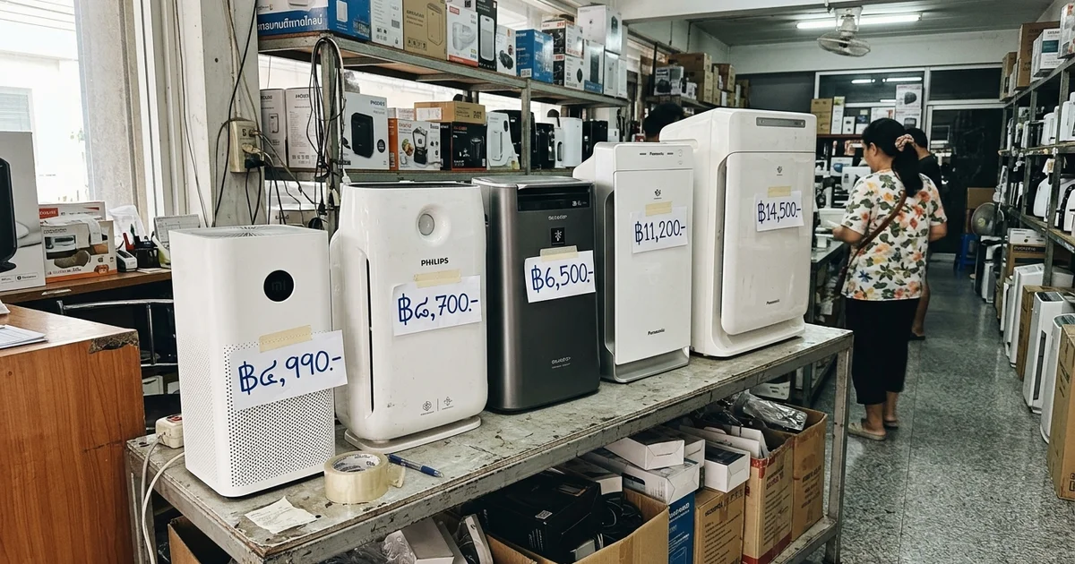 A row of air purifiers on a shelf in a Chiang Mai electronics shop