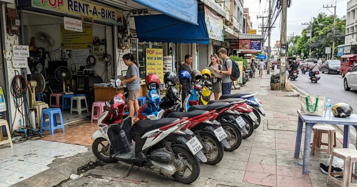 A row of rental scooters outside a Chiang Mai shop with helmets