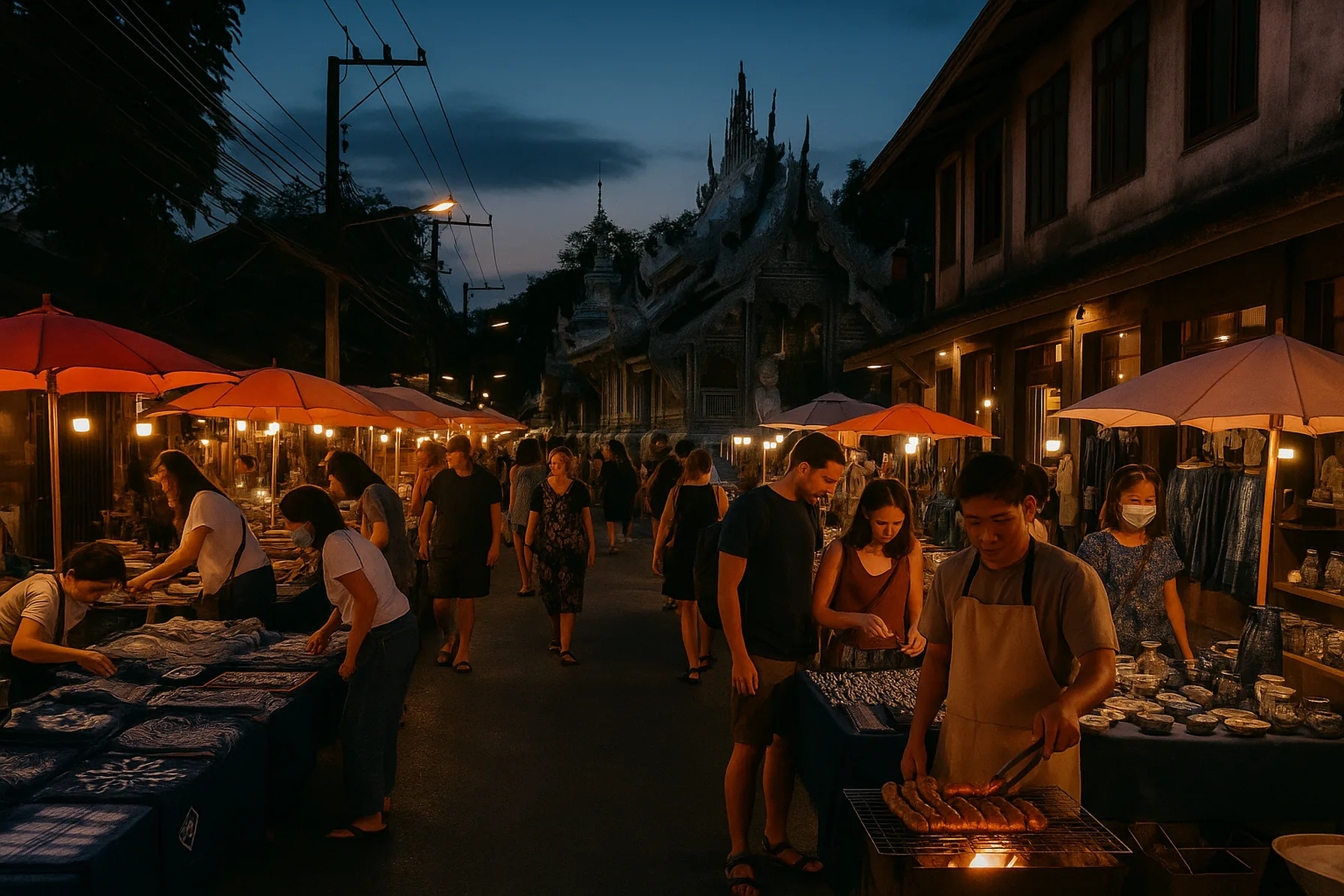 Evening market stalls and visitors at a Chiang Mai walking street.