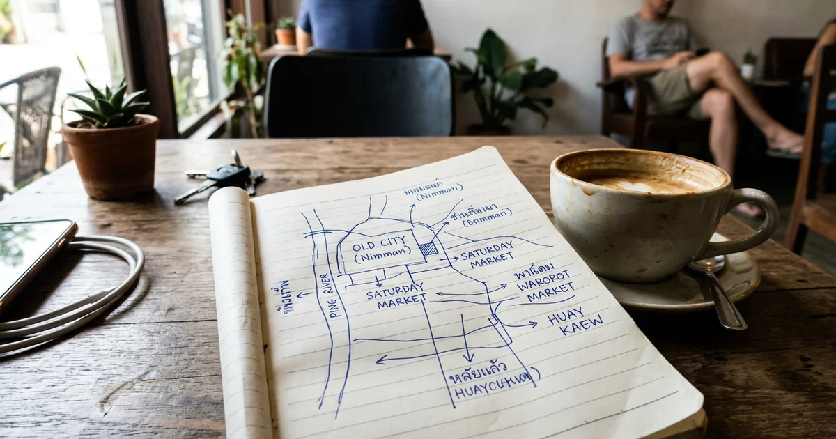A hand-drawn map of Chiang Mai neighbourhoods in a notebook on a café table