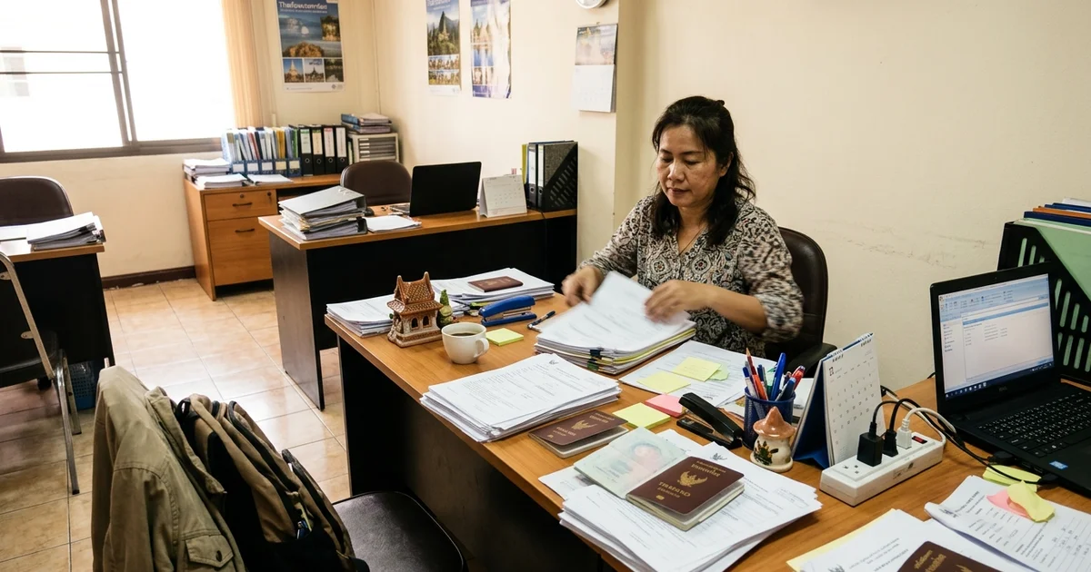 A consultant's desk with paperwork at a small Chiang Mai visa agency