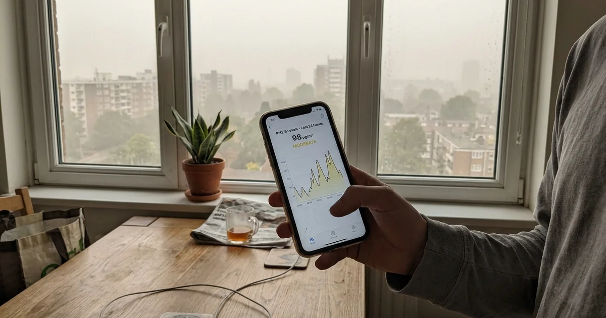 A smartphone showing an air quality app with a PM2.5 chart