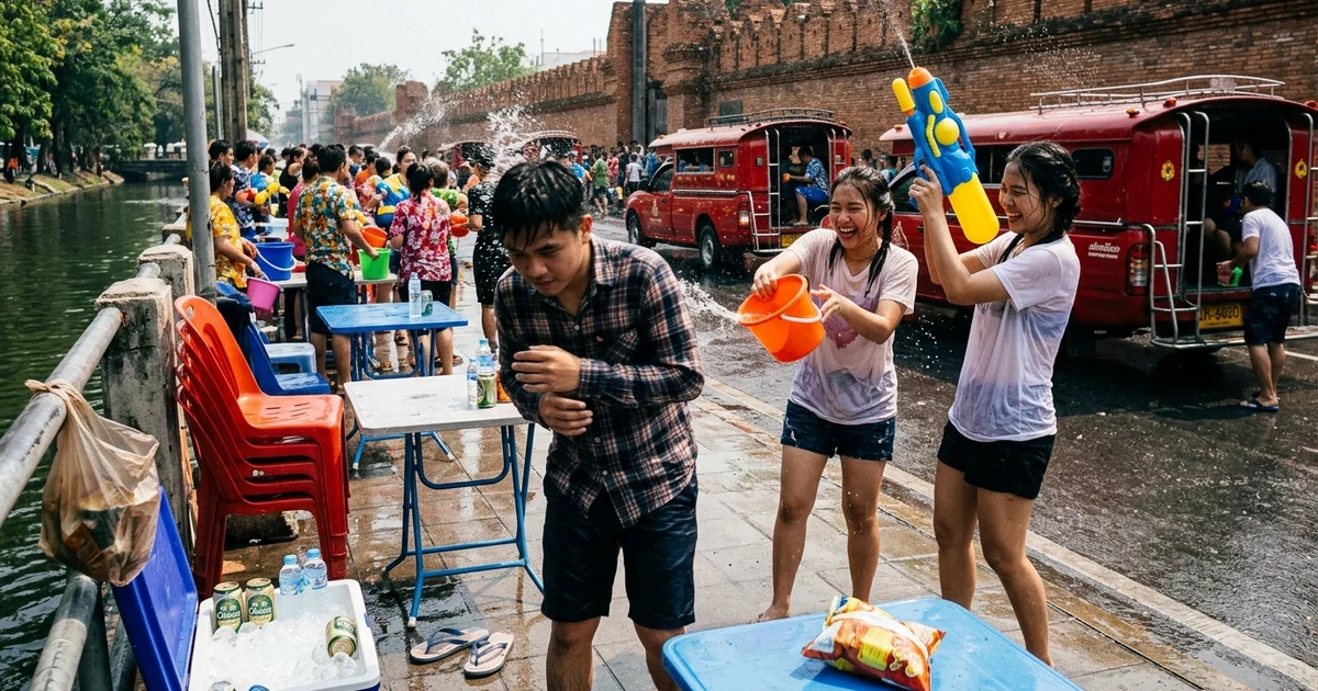 A Songkran water fight around the Chiang Mai moat in bright daylight