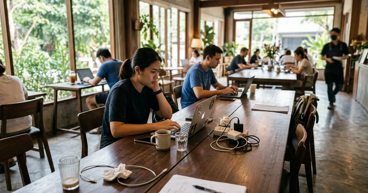 A spacious Chiang Mai café with people working on laptops at large tables