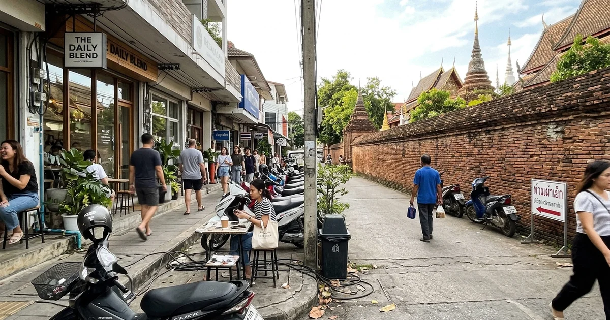 A split scene of the modern Nimman café strip and a historic Old City temple