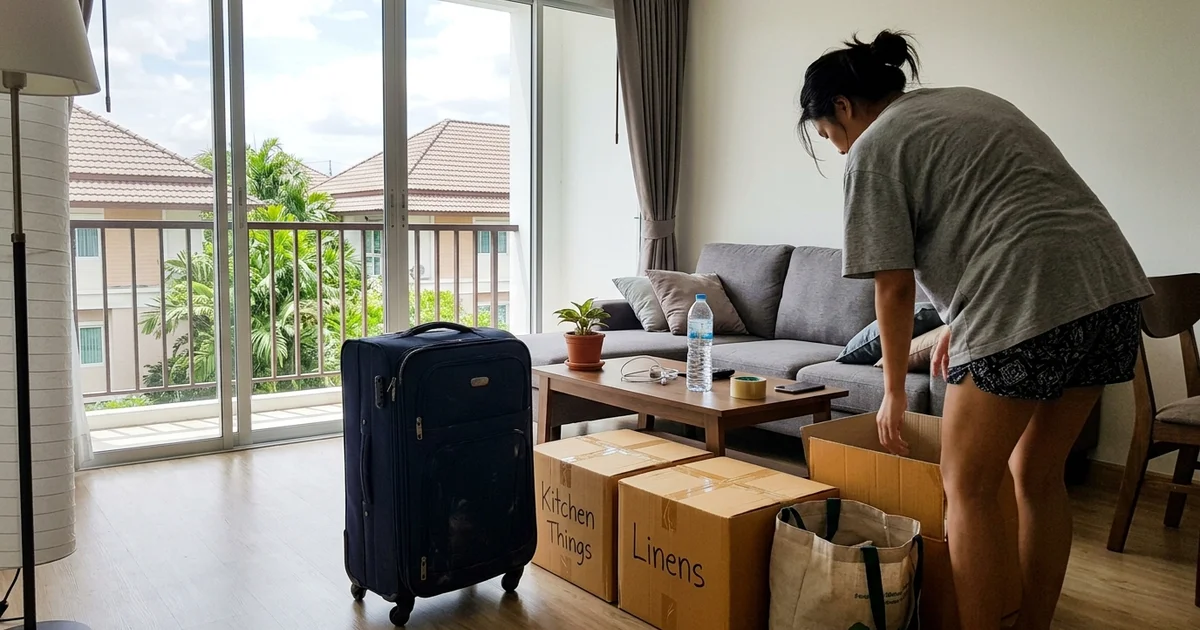 A suitcase beside a partly furnished condo living room on moving-in day