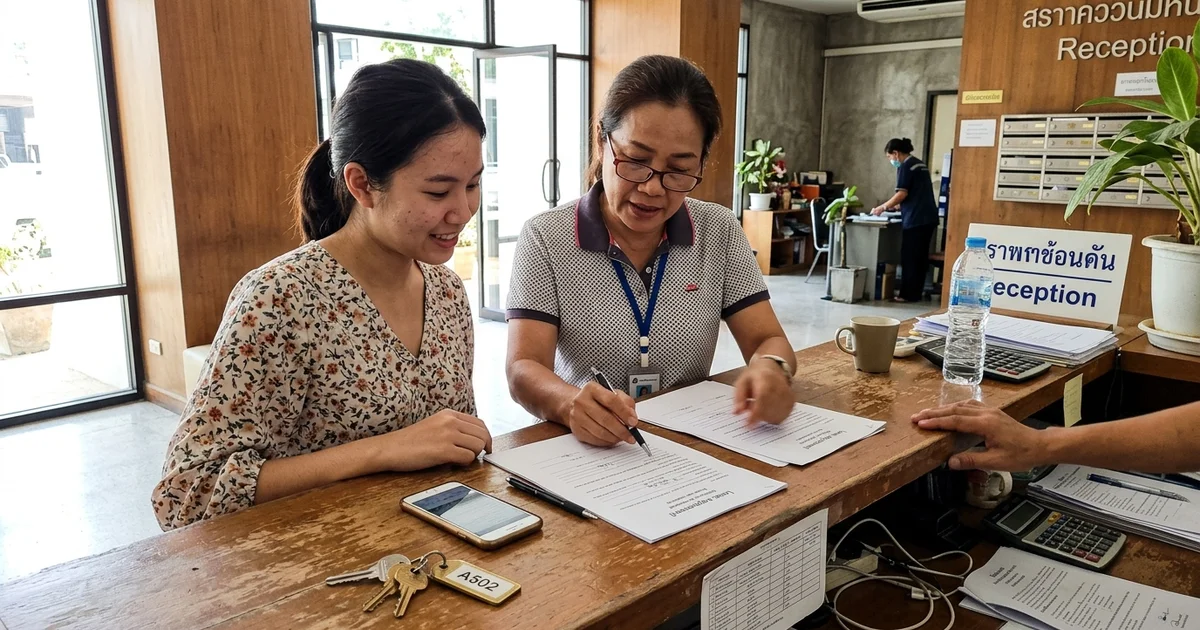 A tenant and landlord reviewing paperwork at a condo reception desk in Chiang Mai