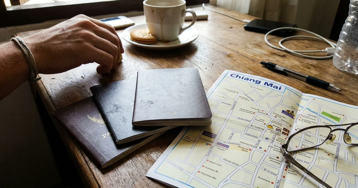 Three passports and a map of Chiang Mai on a desk, shot from above
