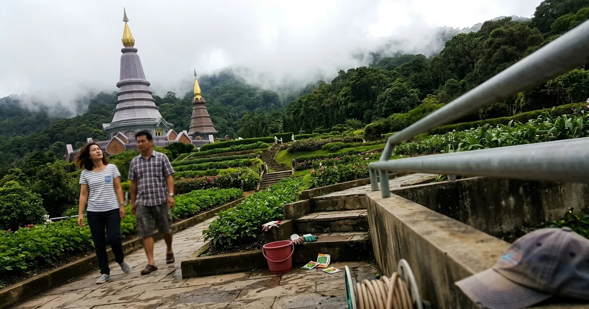 The twin royal pagodas of Doi Inthanon with gardens and misty hills