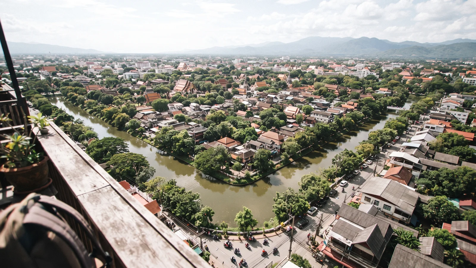 A view over Chiang Mai neighbourhoods and the Old City moat