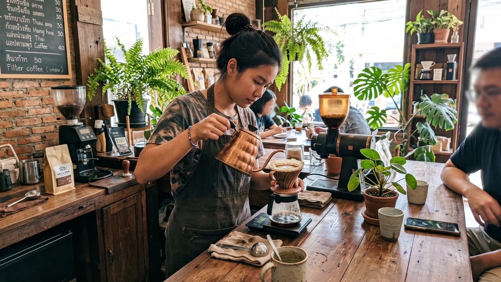 A barista pouring filter coffee at a specialty café counter in Chiang Mai