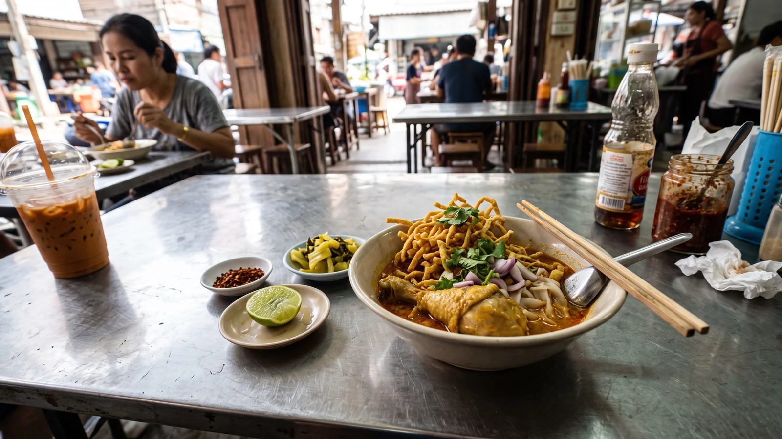 A bowl of khao soi with crispy noodles, lime and pickled greens in Chiang Mai