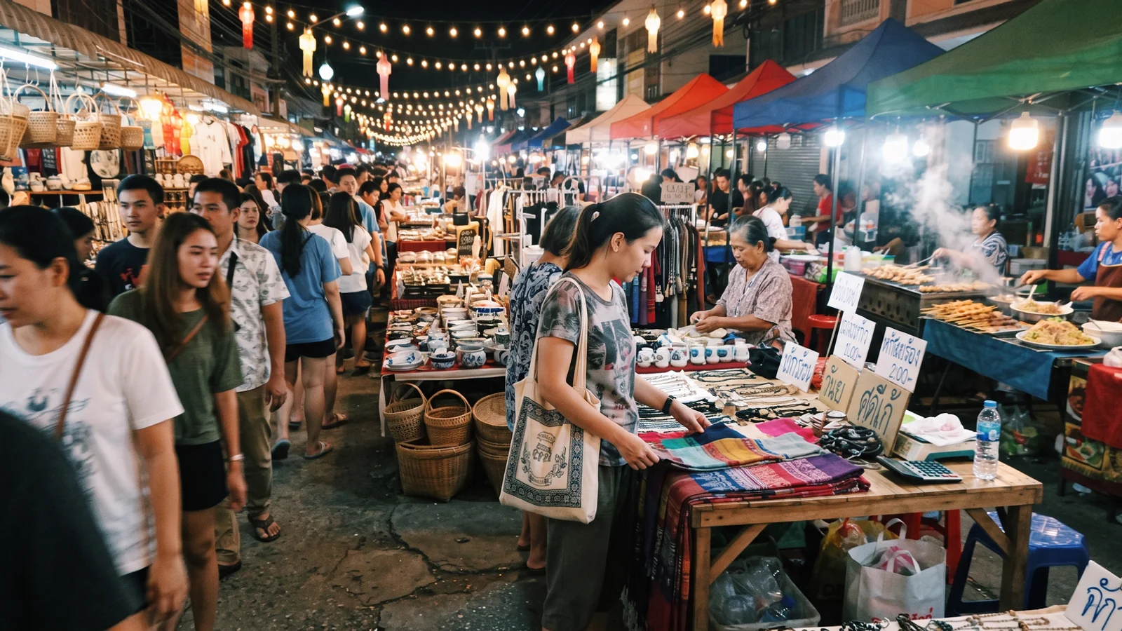 A busy night market street in Chiang Mai with food stalls and string lights