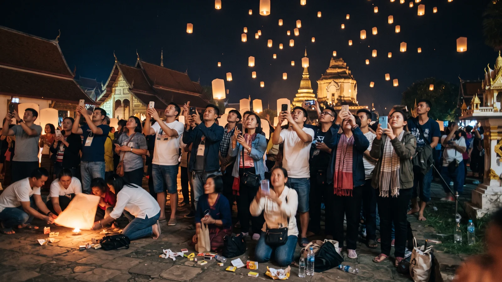 Paper lanterns rising over a Chiang Mai temple during Yi Peng