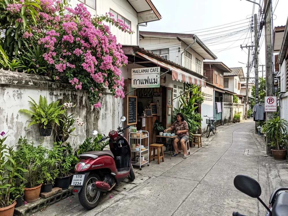 A narrow residential soi in Chiang Mai with a corner café