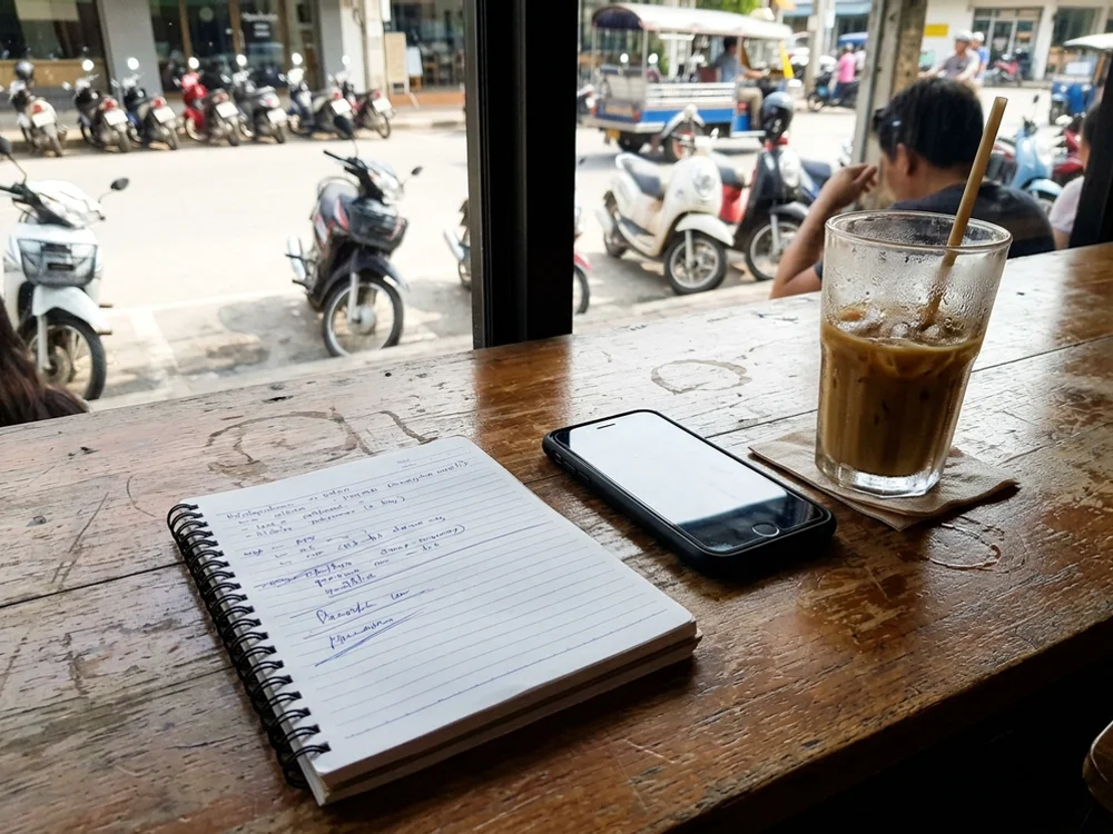 A notebook, phone and iced coffee on a table in a Chiang Mai café